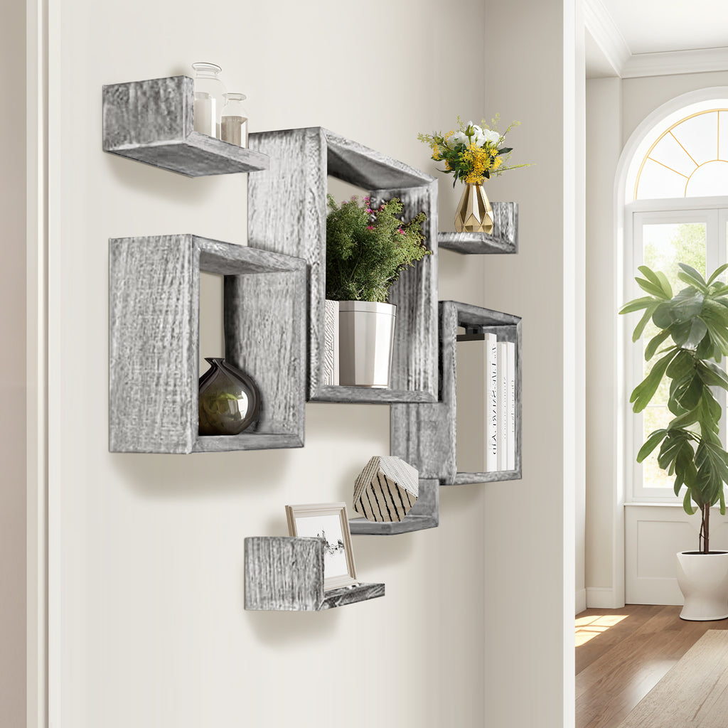 J.M.Deco Wall Mounted Floating Shelves  Set of 7 3 Square Shelves & 4 L  Shaped Shelves   Creative Grid Wall Decor for Bedroom  Living Room  Farmhouse grey side