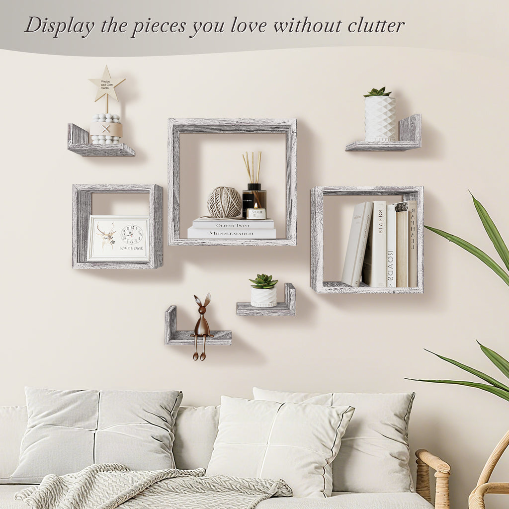 J.M.Deco Wall Mounted Floating Shelves  Set of 7 3 Square Shelves & 4 L  Shaped Shelves   Creative Grid Wall Decor for Bedroom  Living Room  Farmhouse gray front