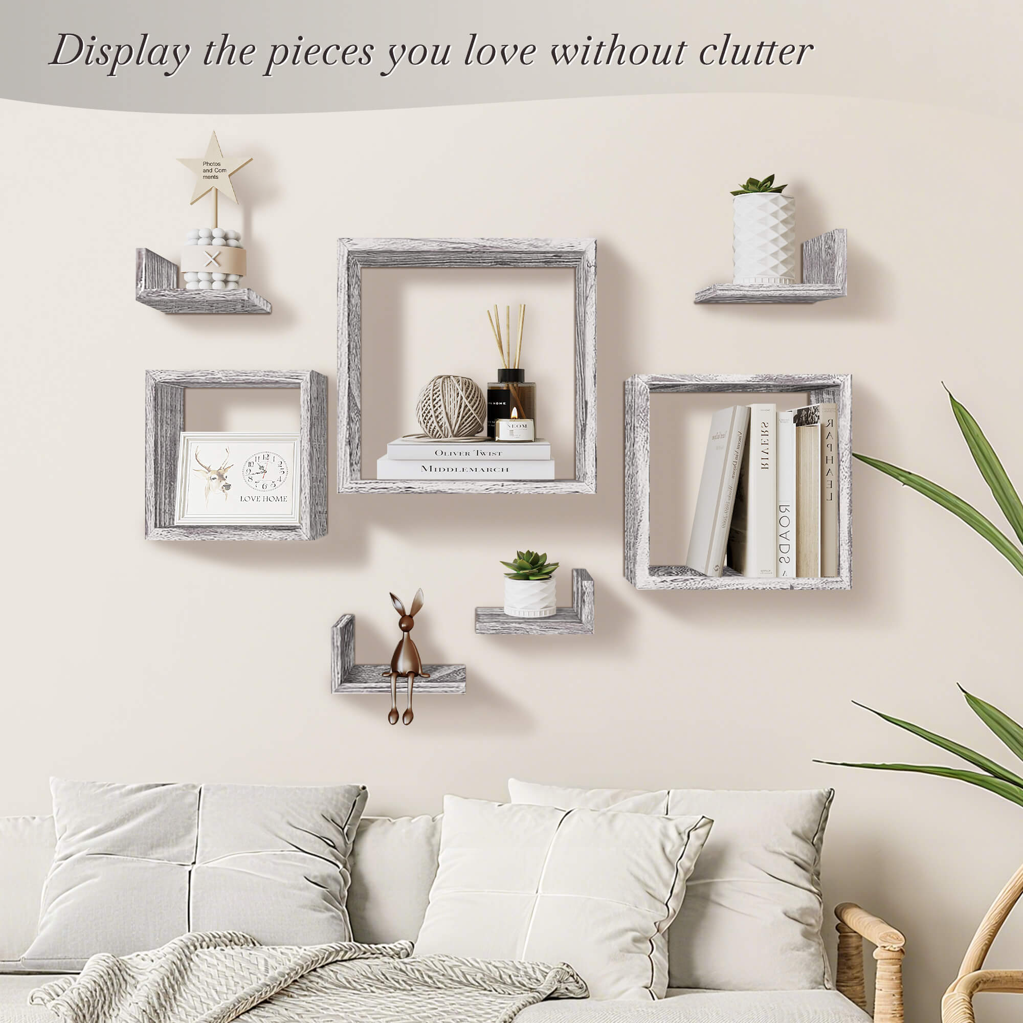 J.M.Deco Floating Wall Shelves Set of 7   3 Square & 4 L-Shaped  Paulownia Wood grey front