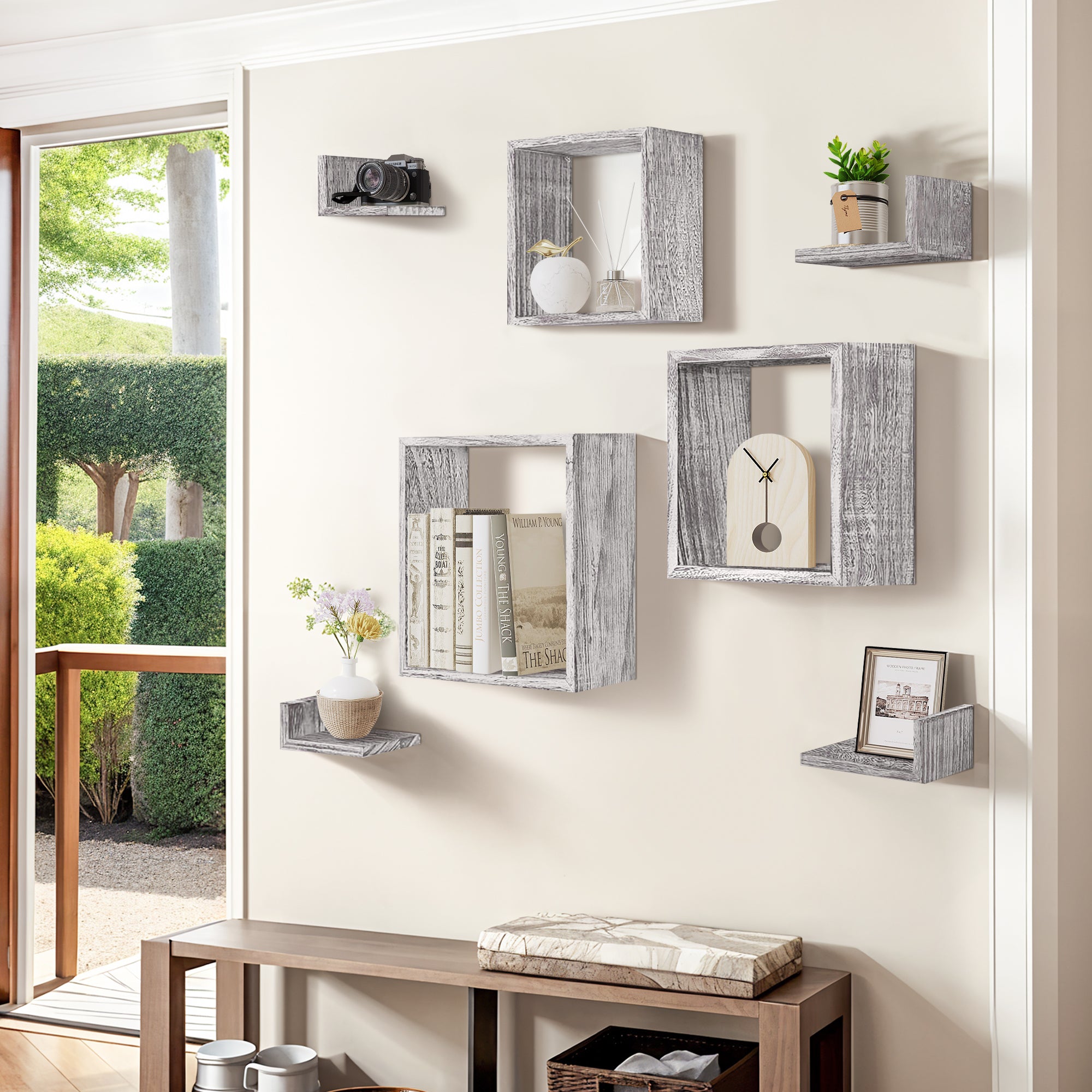 J.M.Deco Wall Mounted Floating Shelves  Set of 7 3 Square Shelves & 4 L  Shaped Shelves   Creative Grid Wall Decor for Bedroom  Living Room  Farmhouse in use