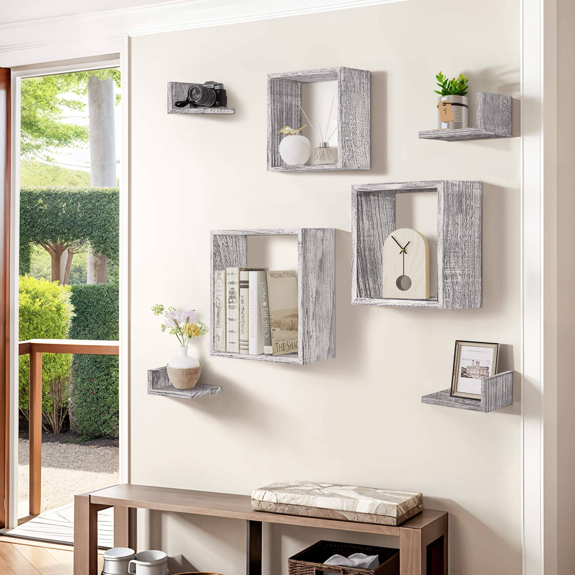 J.M.Deco Floating Wall Shelves Set of 7   3 Square & 4 L-Shaped  Paulownia Wood grey display