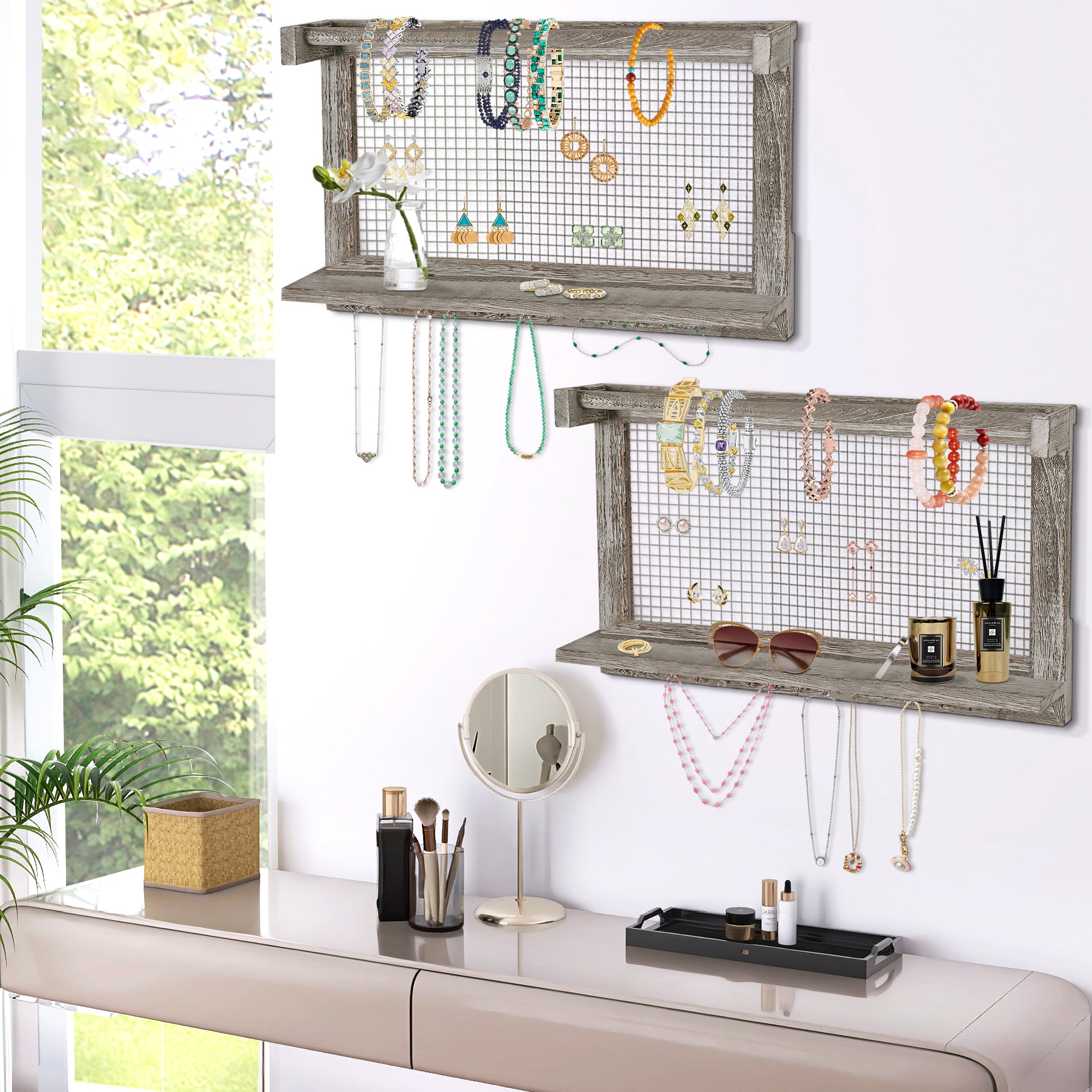 J.M.Deco Set of 2 Jewelry Organizer Hanging  Wooden Necklace Hanger Wall Mounted with 16 Hooks and 1 Pole Mother's Day Gift  Jewelry Holder Display or Storage for Earrings  Necklaces  Bracelets  Rings (Grey Oak) in use