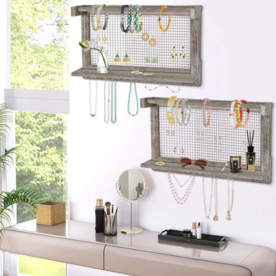 J.M.Deco Wall Mounted Jewelry Organizer Set of 2  16 Hooks  Grey Oak Wood main