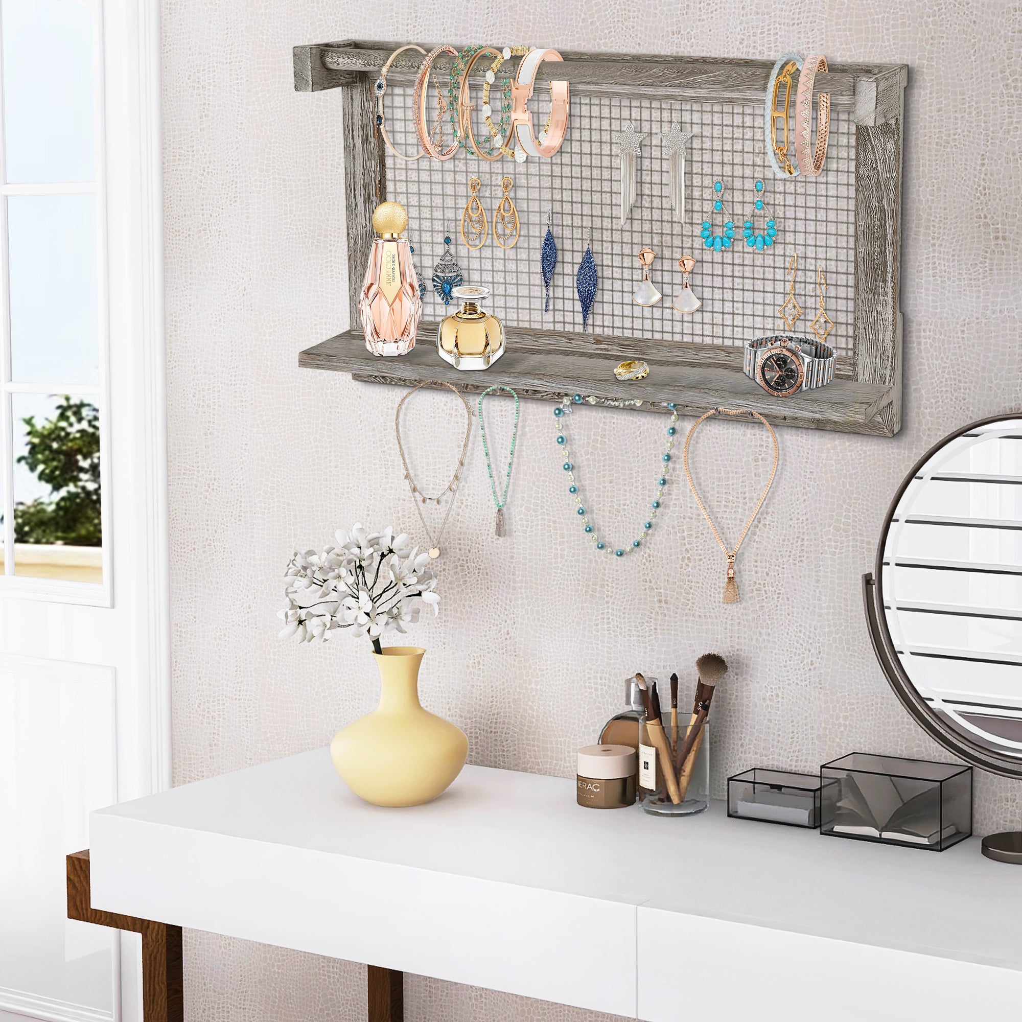 J.M.Deco Set of 2 Jewelry Organizer Hanging  Wooden Necklace Hanger Wall Mounted with 16 Hooks and 1 Pole Mother's Day Gift  Jewelry Holder Display or Storage for Earrings  Necklaces  Bracelets  Rings (Grey Oak) side