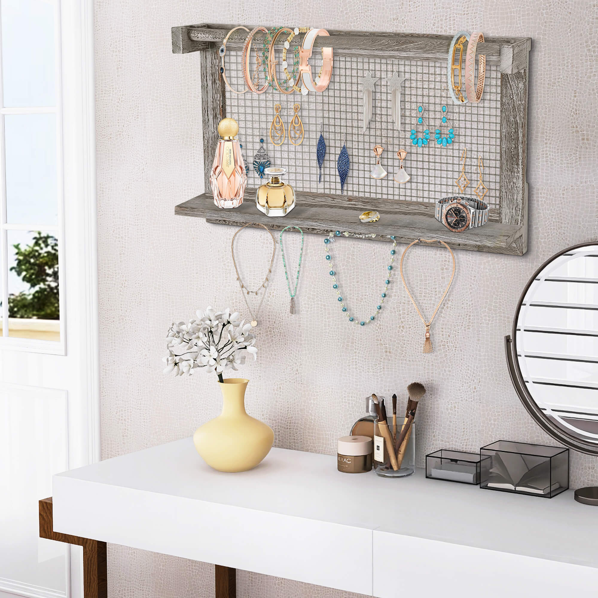 J.M.Deco Wall Mounted Jewelry Organizer Set of 2  16 Hooks  Grey Oak Wood display