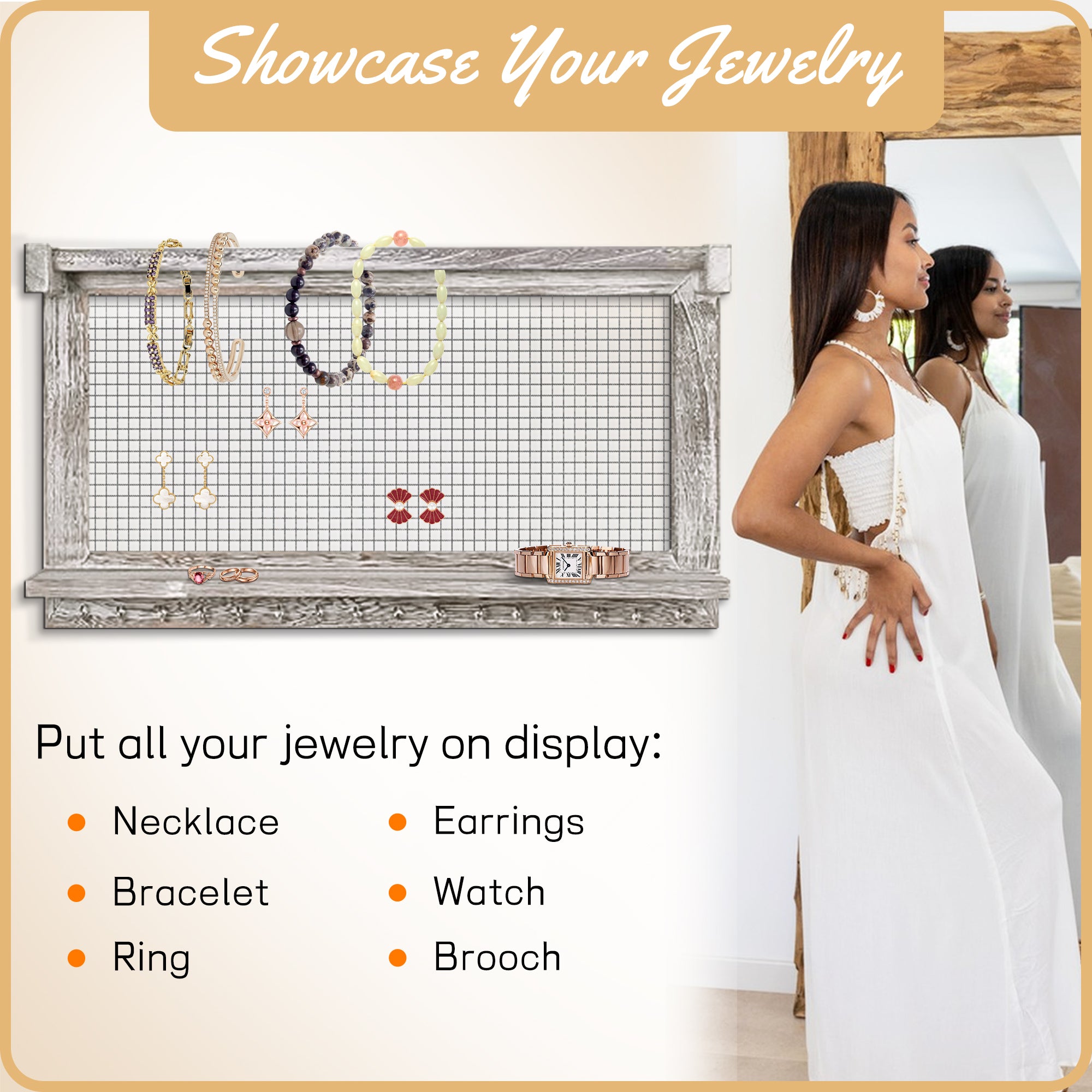 J.M.Deco Set of 2 Jewelry Organizer Hanging  Wooden Necklace Hanger Wall Mounted with 16 Hooks and 1 Pole Mother's Day Gift  Jewelry Holder Display or Storage for Earrings  Necklaces  Bracelets  Rings (Grey Oak)show your jewelry