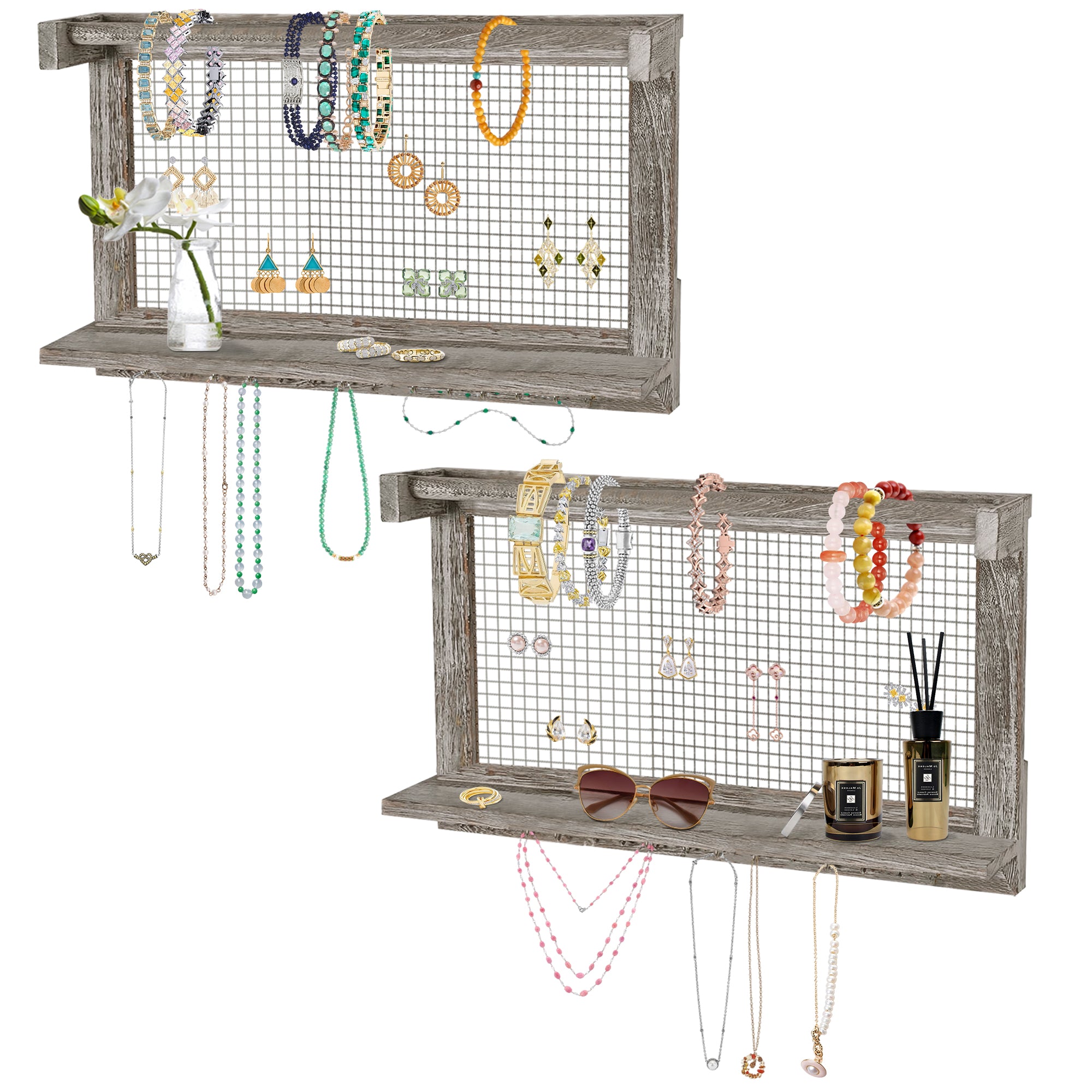 J.M.Deco Set of 2 Jewelry Organizer Hanging  Wooden Necklace Hanger Wall Mounted with 16 Hooks and 1 Pole Mother's Day Gift  Jewelry Holder Display or Storage for Earrings  Necklaces  Bracelets  Rings (Grey Oak) main