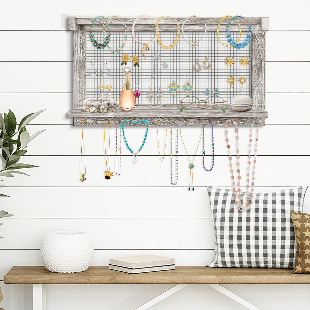 J.M.Deco Set of 2 Jewelry Organizer Hanging  Wooden Necklace Hanger Wall Mounted with 16 Hooks and 1 Pole Mother's Day Gift  Jewelry Holder Display or Storage for Earrings  Necklaces  Bracelets  Rings (Grey Oak) front