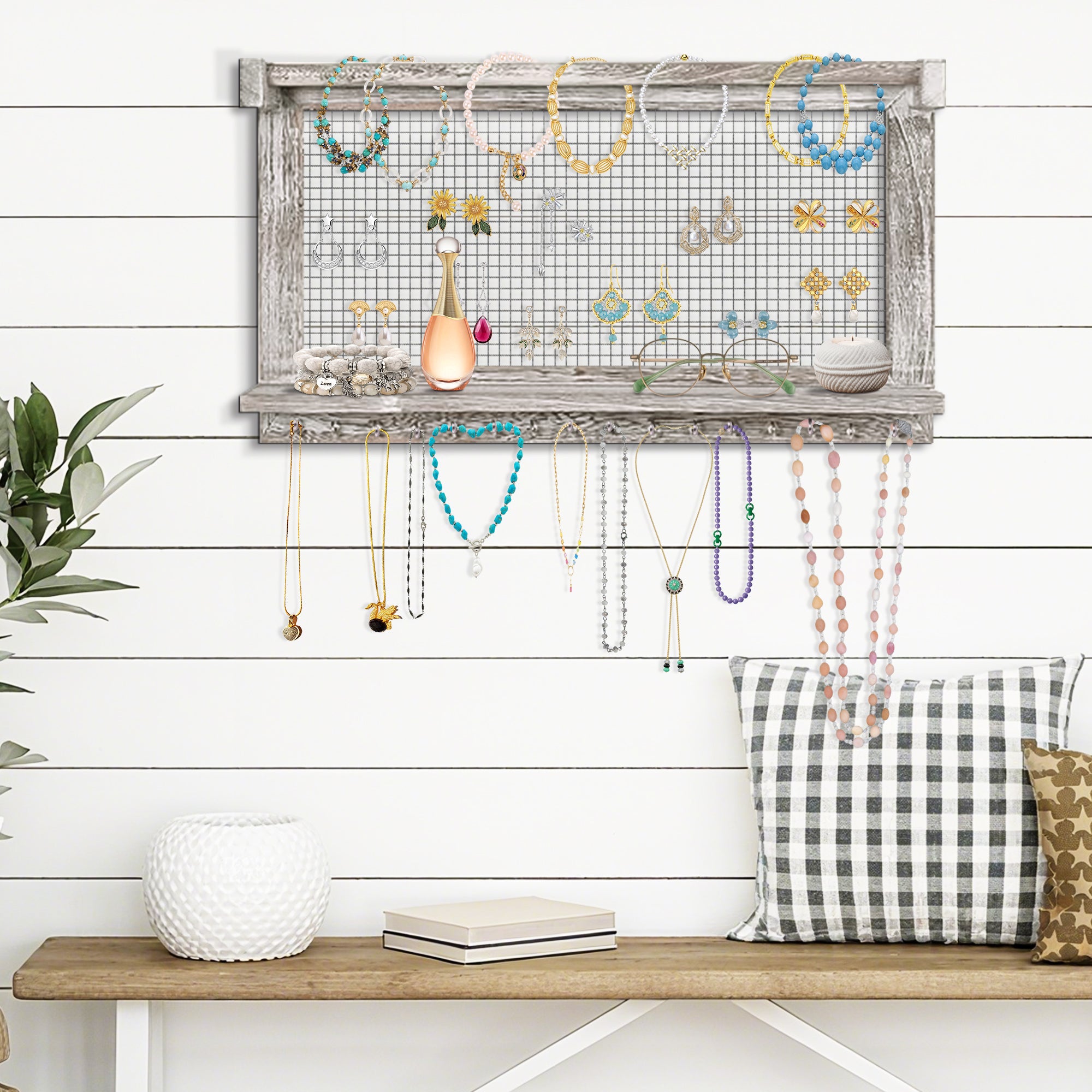 J.M.Deco Set of 2 Jewelry Organizer Hanging  Wooden Necklace Hanger Wall Mounted with 16 Hooks and 1 Pole Mother's Day Gift  Jewelry Holder Display or Storage for Earrings  Necklaces  Bracelets  Rings (Grey Oak) front