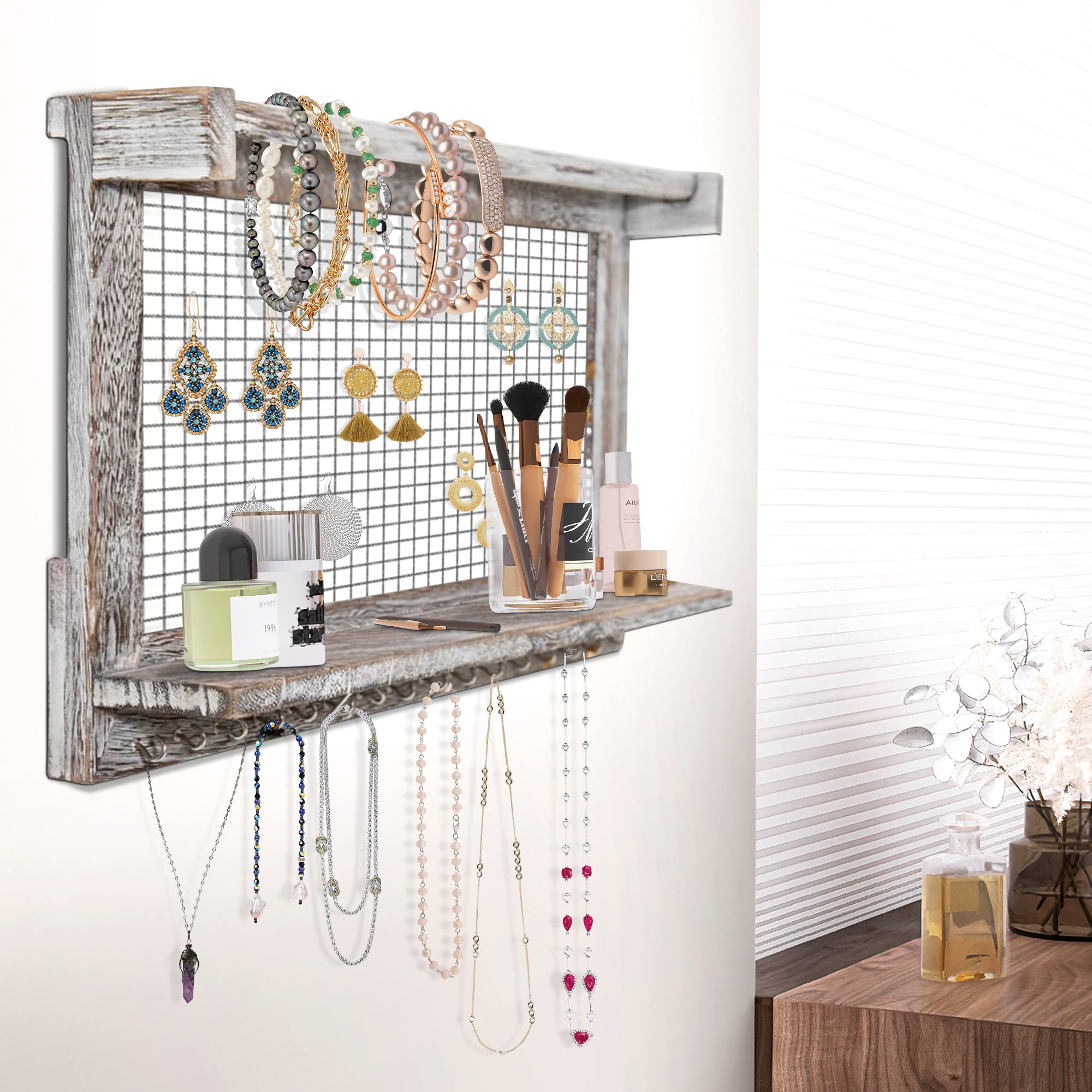 J.M.Deco Set of 2 Jewelry Organizer Hanging  Wooden Necklace Hanger Wall Mounted with 16 Hooks and 1 Pole Mother's Day Gift  Jewelry Holder Display or Storage for Earrings  Necklaces  Bracelets  Rings (Grey Oak) display
